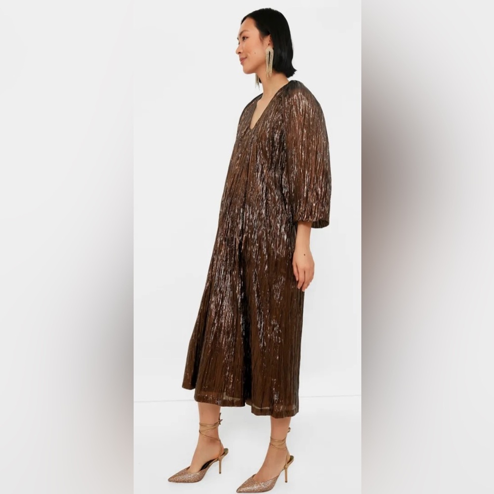 XS Tuckernuck Hyacinth House Dorinda Plisse Midi Dress Bronze - Picture 4 of 6